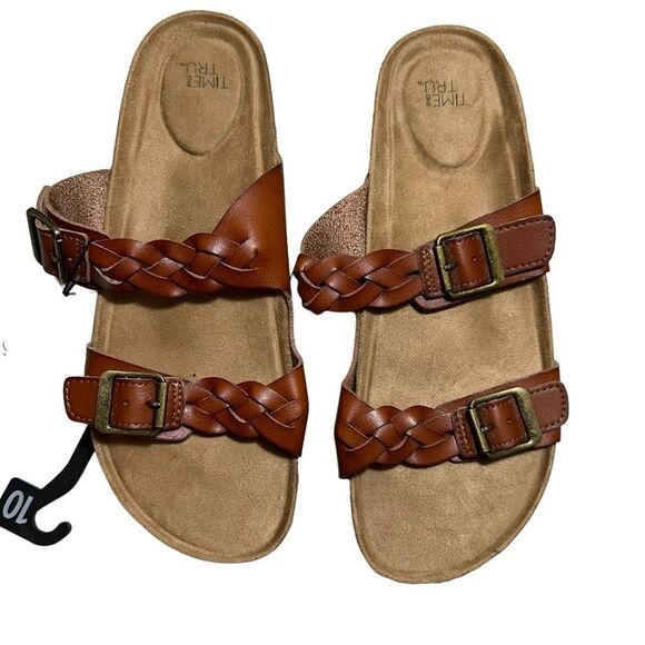 TIME & TRU Womens Brown Braided Leather Footbed Slides Slip On Sandals Size 10M - Picture 2 of 10